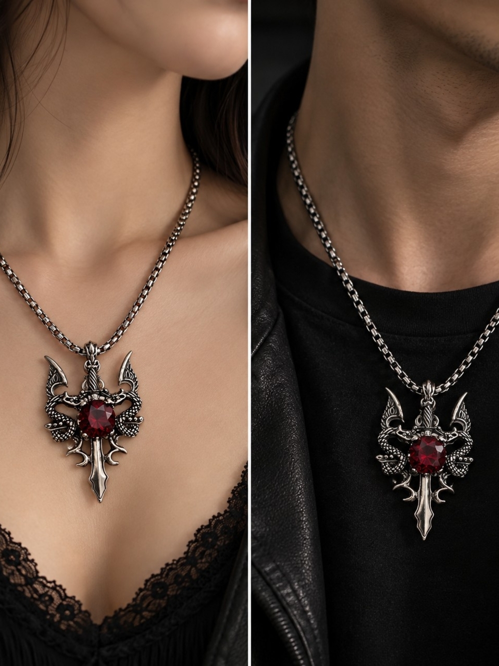 Vintage Unisex Sterling-Style Dragon Cross Pendant Necklace with Red Gem